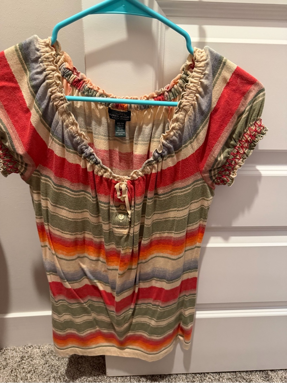 Ralph Lauren Cotton Striped Western Peasant Tunic Top in Olive, Red & Cream XS